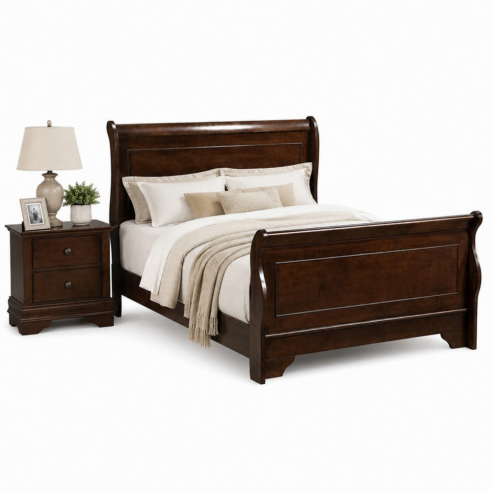 Queen Bedroom Set, Brown Wood, 2 Piece Set with Nightstand