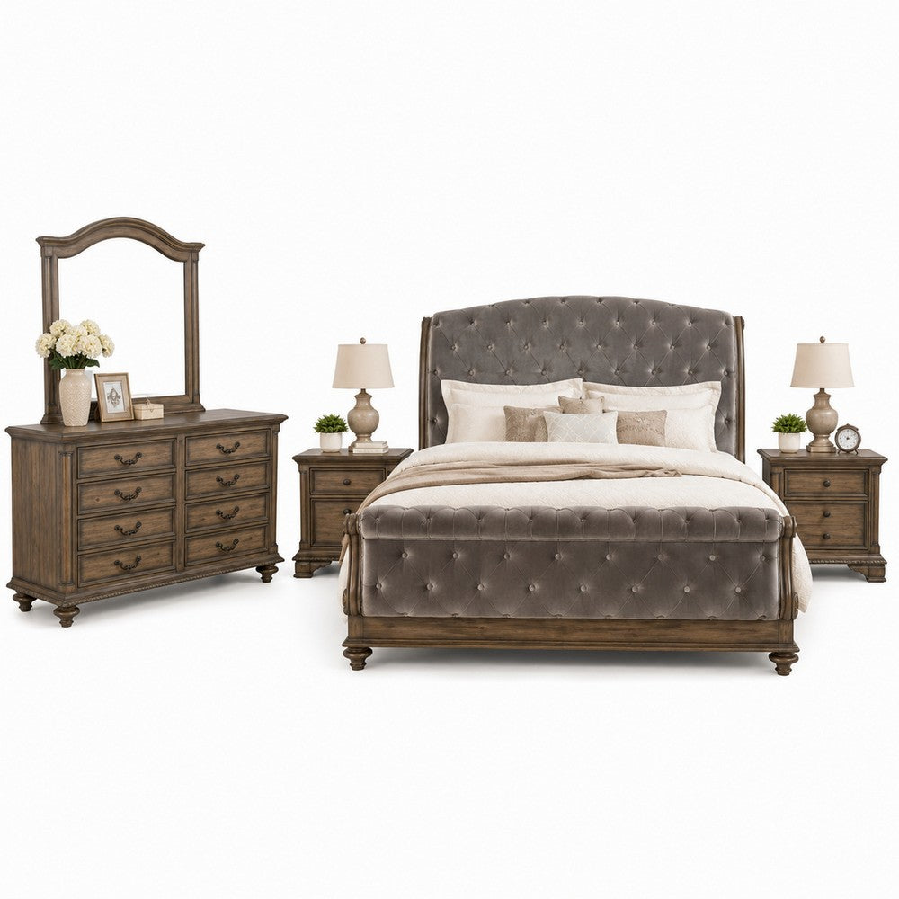 Queen Bedroom Set, Gray, Brown Wood, 5 Piece Set with 2 Nightstands, Dresser, and Mirror