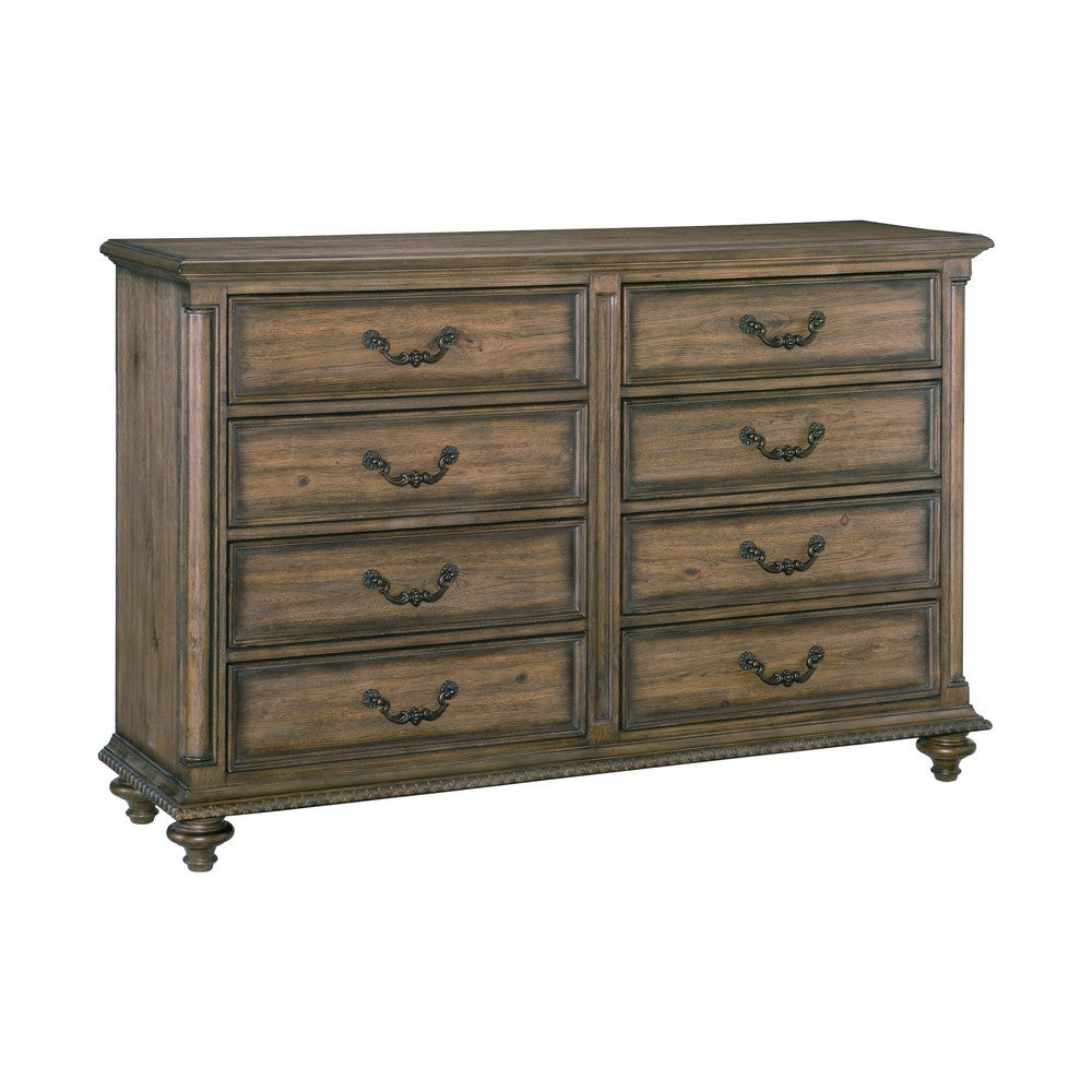 Queen Bedroom Set, Gray, Brown Wood, 5 Piece Set with 2 Nightstands, Dresser, and Mirror