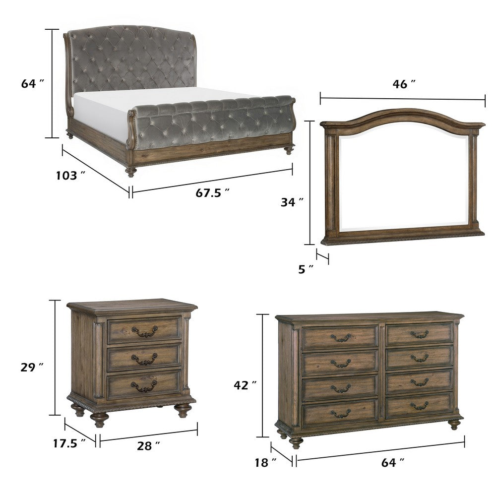 Queen Bedroom Set, Gray, Brown Wood, 5 Piece Set with 2 Nightstands, Dresser, and Mirror