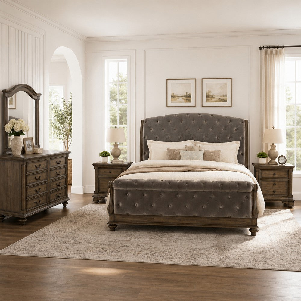 Queen Bedroom Set, Gray, Brown Wood, 5 Piece Set with 2 Nightstands, Dresser, and Mirror