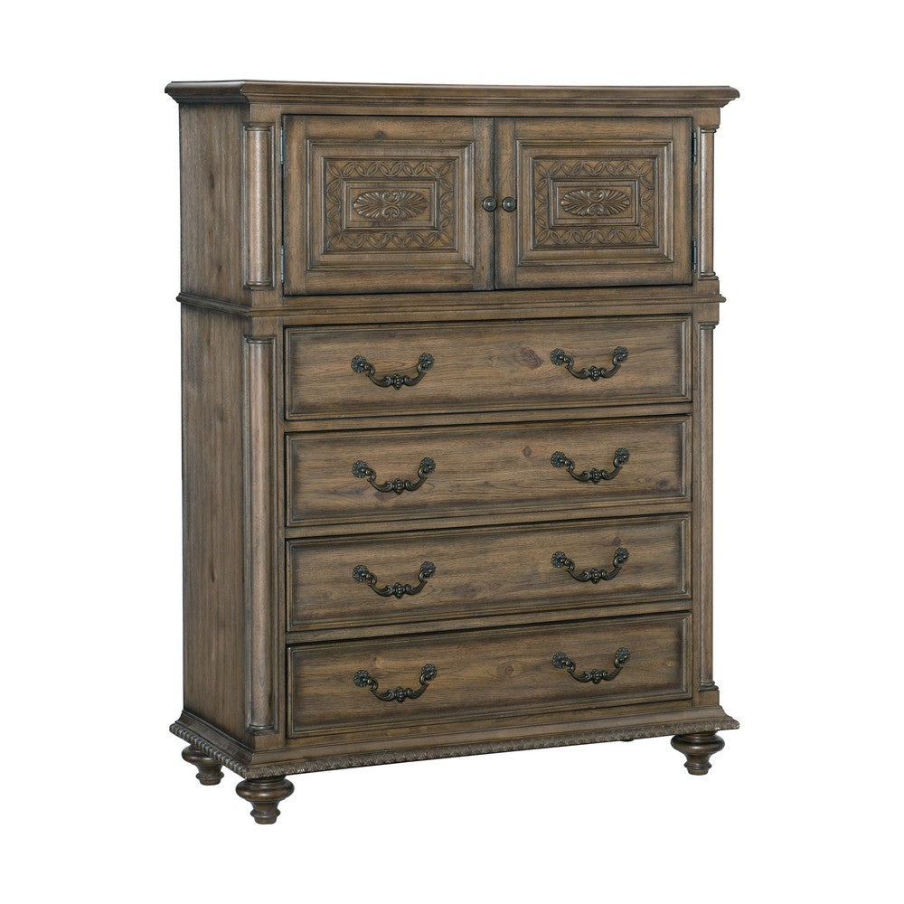 Queen Bedroom Set, Gray, Brown Wood, 5 Piece Set with 2 Nightstands, Dresser, and Chest