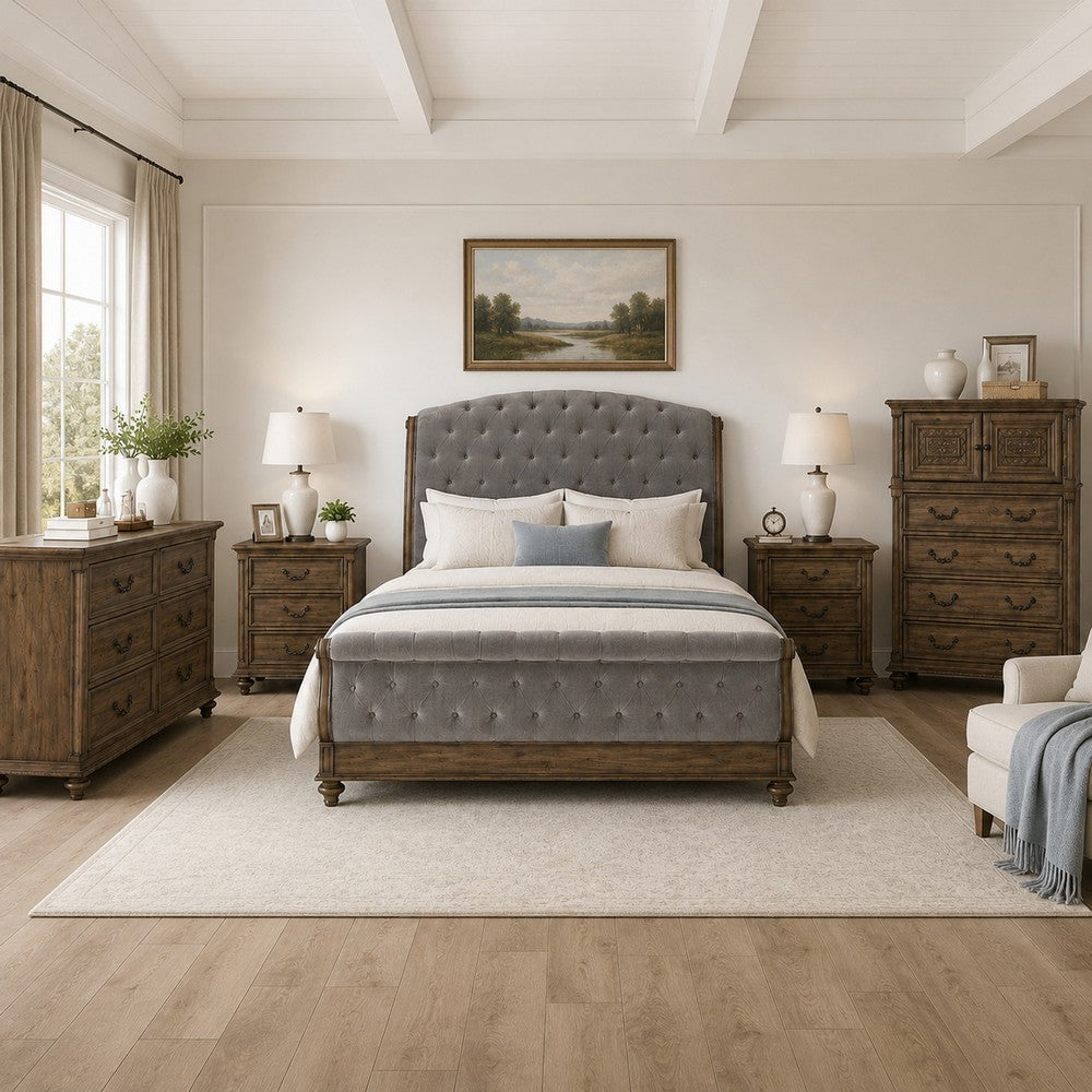 Queen Bedroom Set, Gray, Brown Wood, 5 Piece Set with 2 Nightstands, Dresser, and Chest