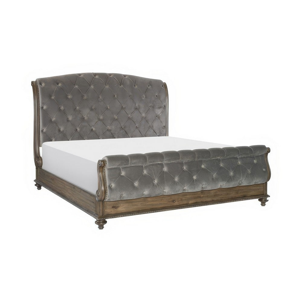 Queen Bedroom Set, Gray, Brown Wood, 4 Piece Set with Nightstand, Dresser, and Chest