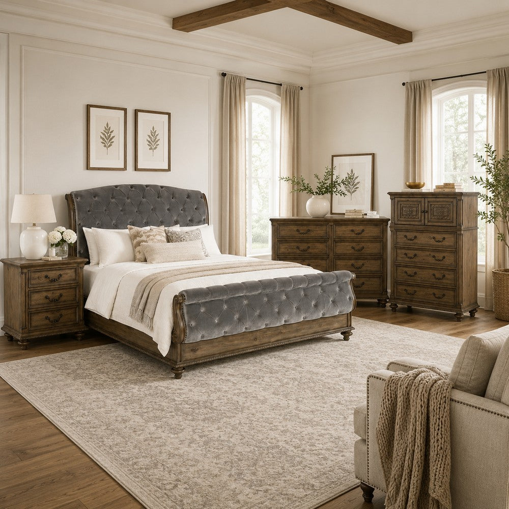 Queen Bedroom Set, Gray, Brown Wood, 4 Piece Set with Nightstand, Dresser, and Chest