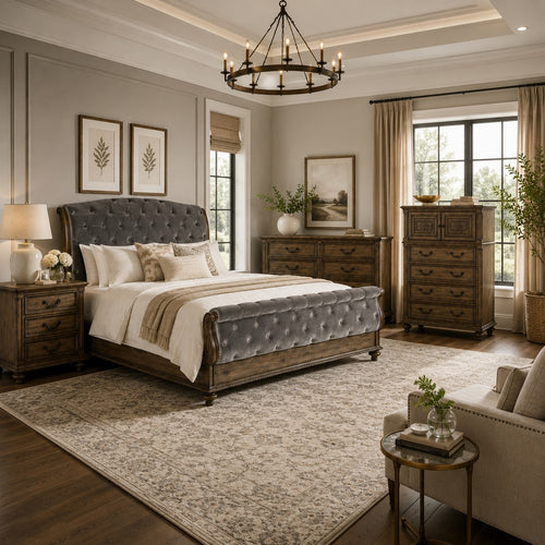 Queen Bedroom Set, Gray, Brown Wood, 4 Piece Set with Nightstand, Dresser, and Chest