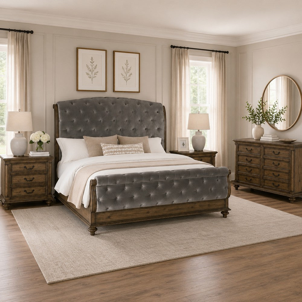 Queen Bedroom Set, Gray, Brown Wood, 4 Piece Set with 2 Nightstands and Dresser