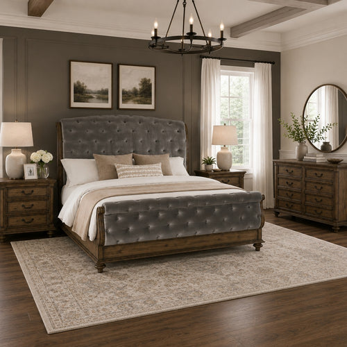 Queen Bedroom Set, Gray, Brown Wood, 4 Piece Set with 2 Nightstands and Dresser