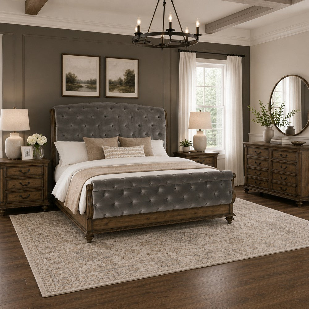 Queen Bedroom Set, Gray, Brown Wood, 4 Piece Set with 2 Nightstands and Dresser