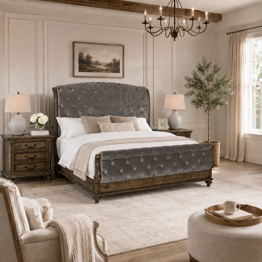 Queen Bedroom Set, Gray, Brown Wood, 3 Piece Set with 2 Nightstands