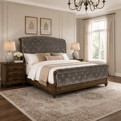 Queen Bedroom Set, Gray, Brown Wood, 3 Piece Set with 2 Nightstands
