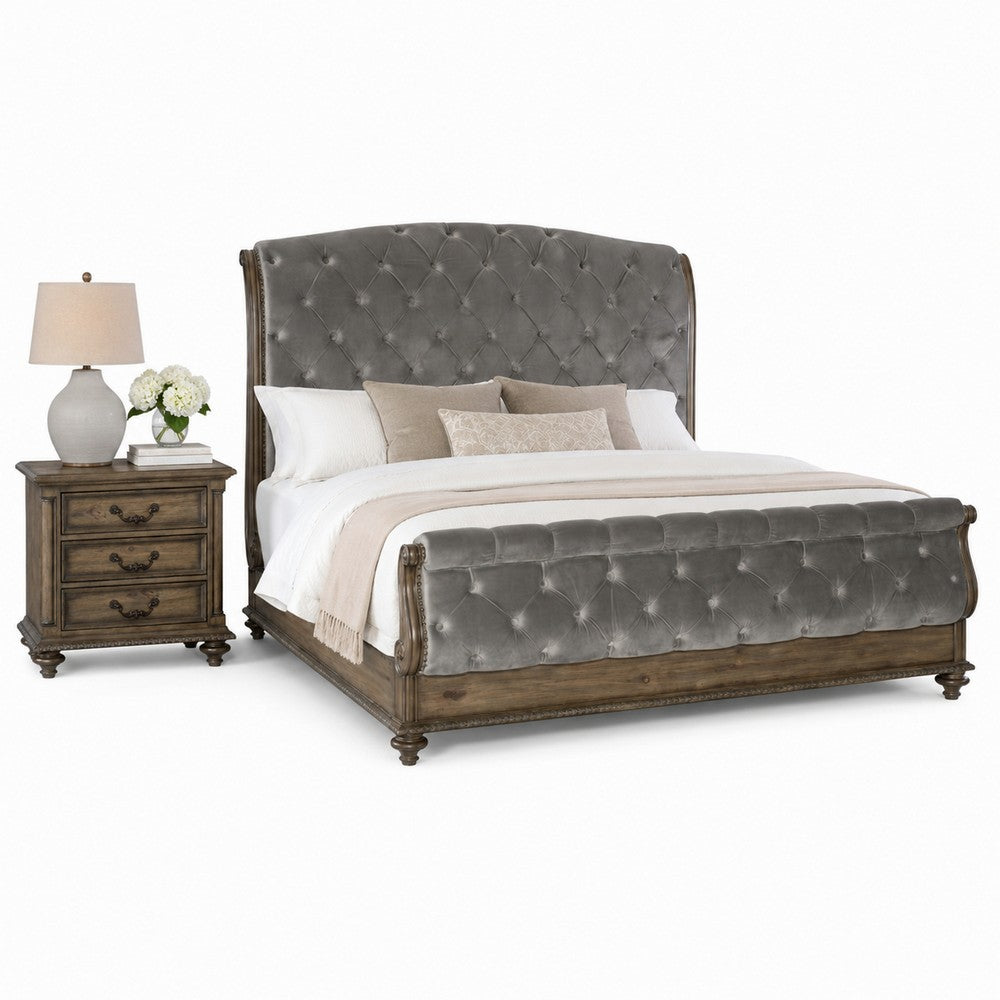 Queen Bedroom Set, Gray, Brown Wood, 2 Piece Set with Nightstand