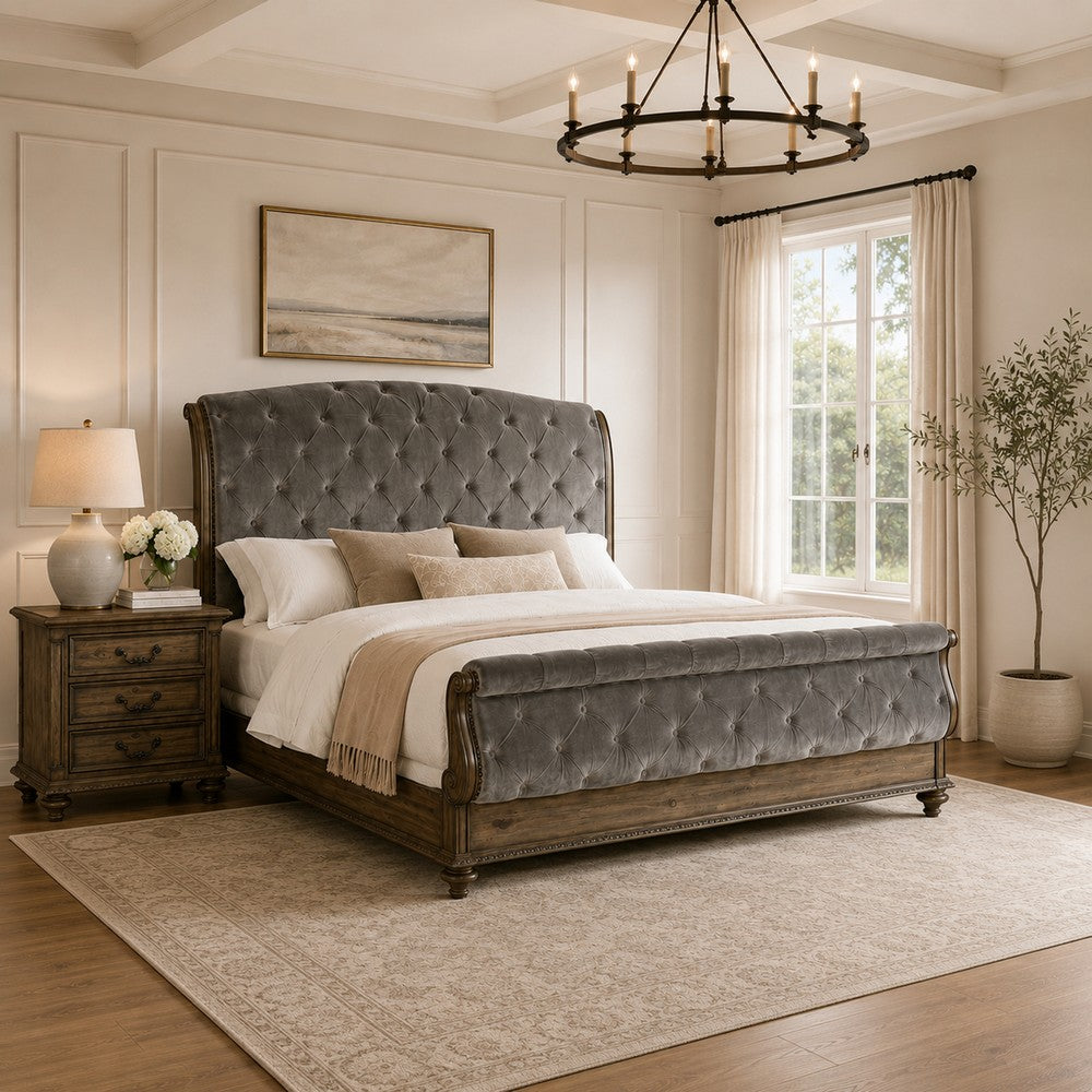Queen Bedroom Set, Gray, Brown Wood, 2 Piece Set with Nightstand