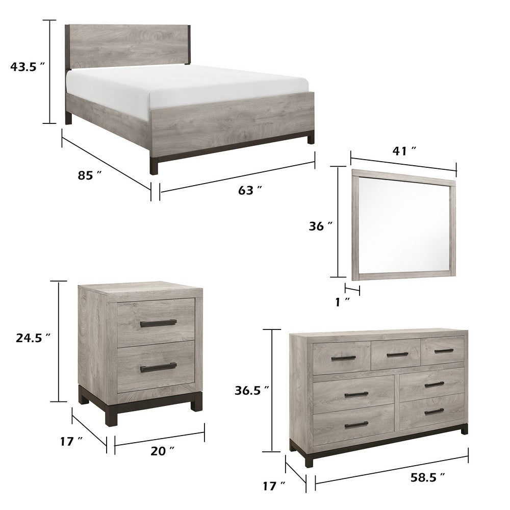 Queen Bedroom Set, Gray Wood, 5 Piece Set with 2 Nightstands, Dresser, and Mirror