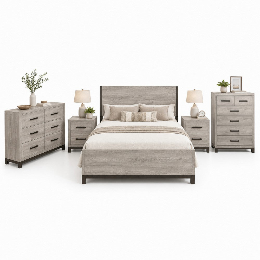 Queen Bedroom Set, Gray Wood, 5 Piece Set with 2 Nightstands, Dresser, and Chest