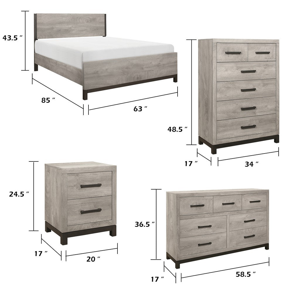 Queen Bedroom Set, Gray Wood, 5 Piece Set with 2 Nightstands, Dresser, and Chest