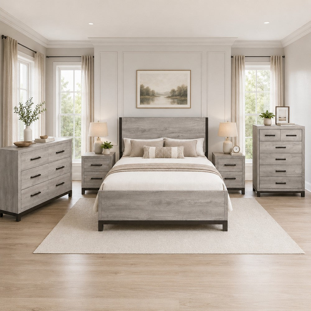 Queen Bedroom Set, Gray Wood, 5 Piece Set with 2 Nightstands, Dresser, and Chest