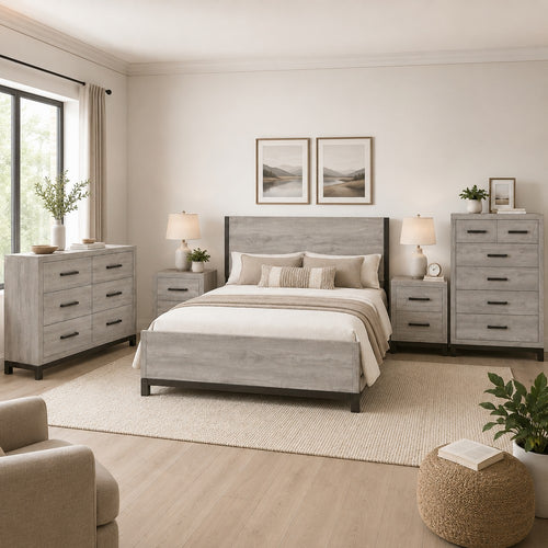 Queen Bedroom Set, Gray Wood, 5 Piece Set with 2 Nightstands, Dresser, and Chest