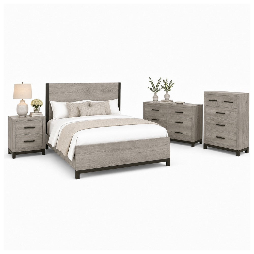 Queen Bedroom Set, Gray Wood, 4 Piece Set with Nightstand, Dresser, and Chest
