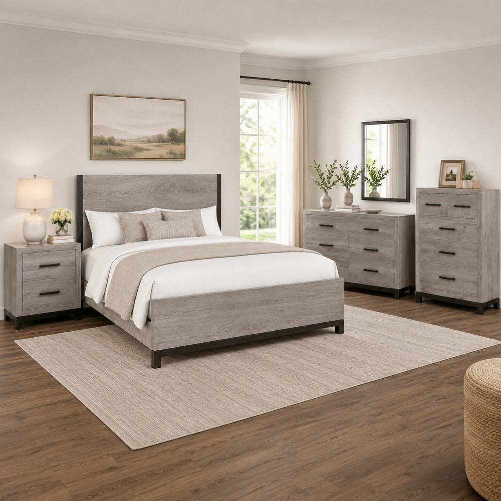 Queen Bedroom Set, Gray Wood, 4 Piece Set with Nightstand, Dresser, and Chest