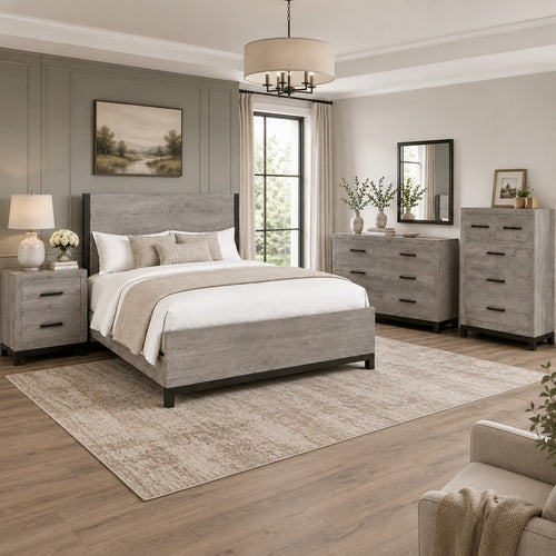 Queen Bedroom Set, Gray Wood, 4 Piece Set with Nightstand, Dresser, and Chest