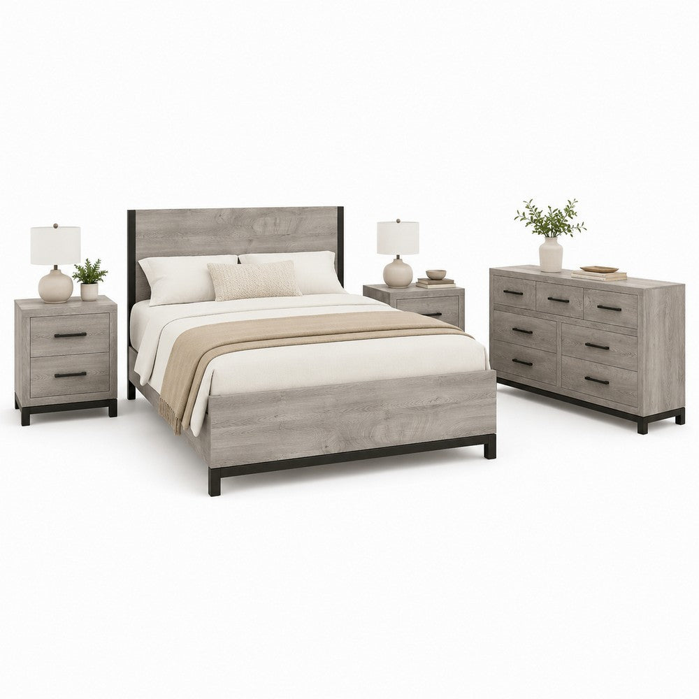 Queen Bedroom Set, Gray Wood, 4 Piece Set with 2 Nightstands and Dresser