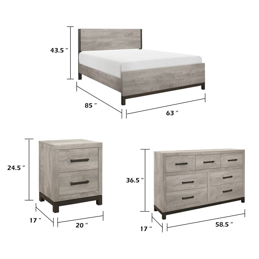 Queen Bedroom Set, Gray Wood, 4 Piece Set with 2 Nightstands and Dresser