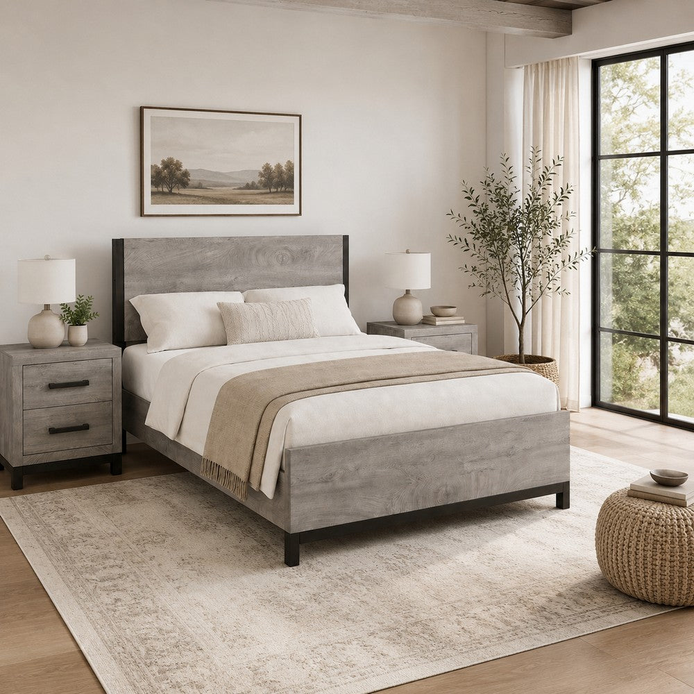 Queen Bedroom Set, Gray Wood, 3 Piece Set with 2 Nightstands