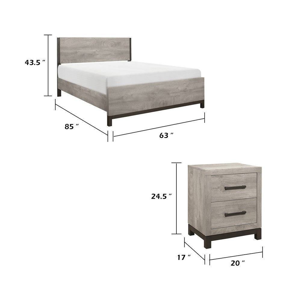 Queen Bedroom Set, Gray Wood, 2 Piece Set with Nightstand