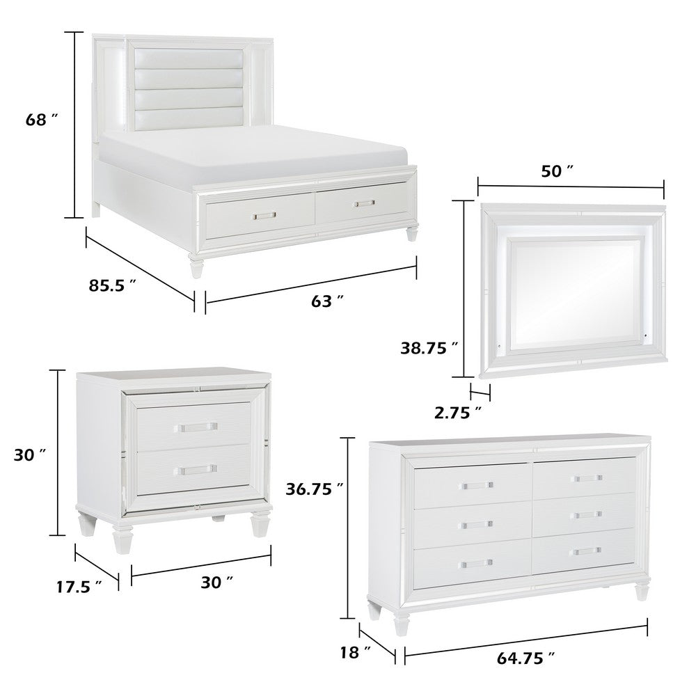 Queen Bedroom Set, White Wood, 5 Piece Set with 2 Nightstands, Dresser, and Mirror