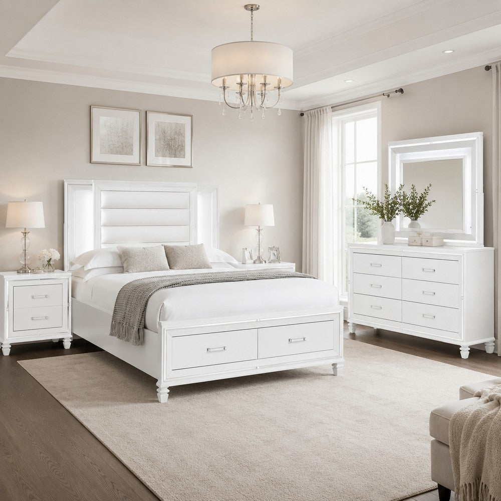 Queen Bedroom Set, White Wood, 5 Piece Set with 2 Nightstands, Dresser, and Mirror