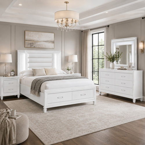 Queen Bedroom Set, White Wood, 5 Piece Set with 2 Nightstands, Dresser, and Mirror