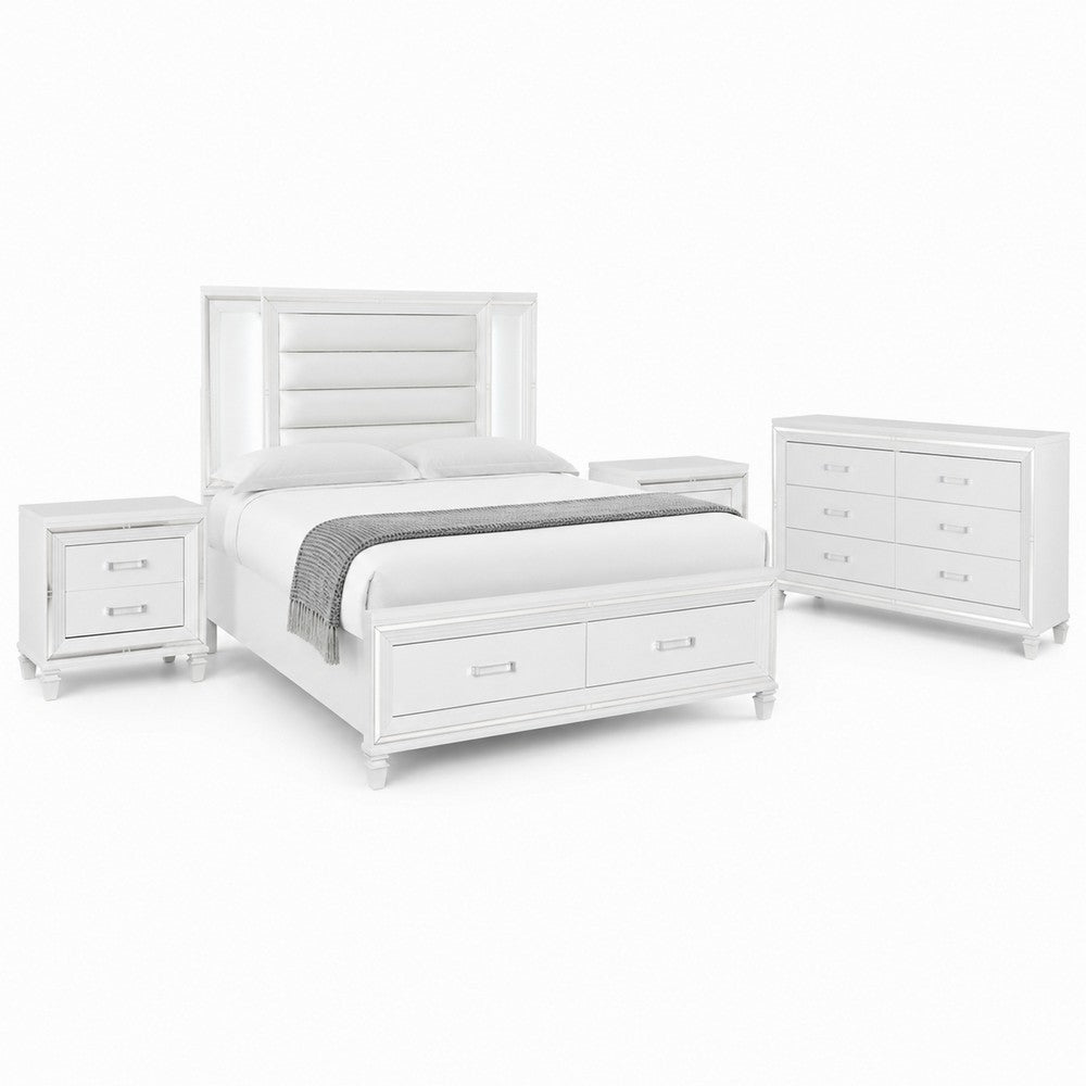 Queen Bedroom Set, White Wood, 4 Piece Set with 2 Nightstands and Dresser
