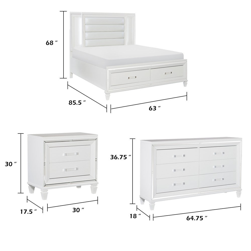 Queen Bedroom Set, White Wood, 4 Piece Set with 2 Nightstands and Dresser