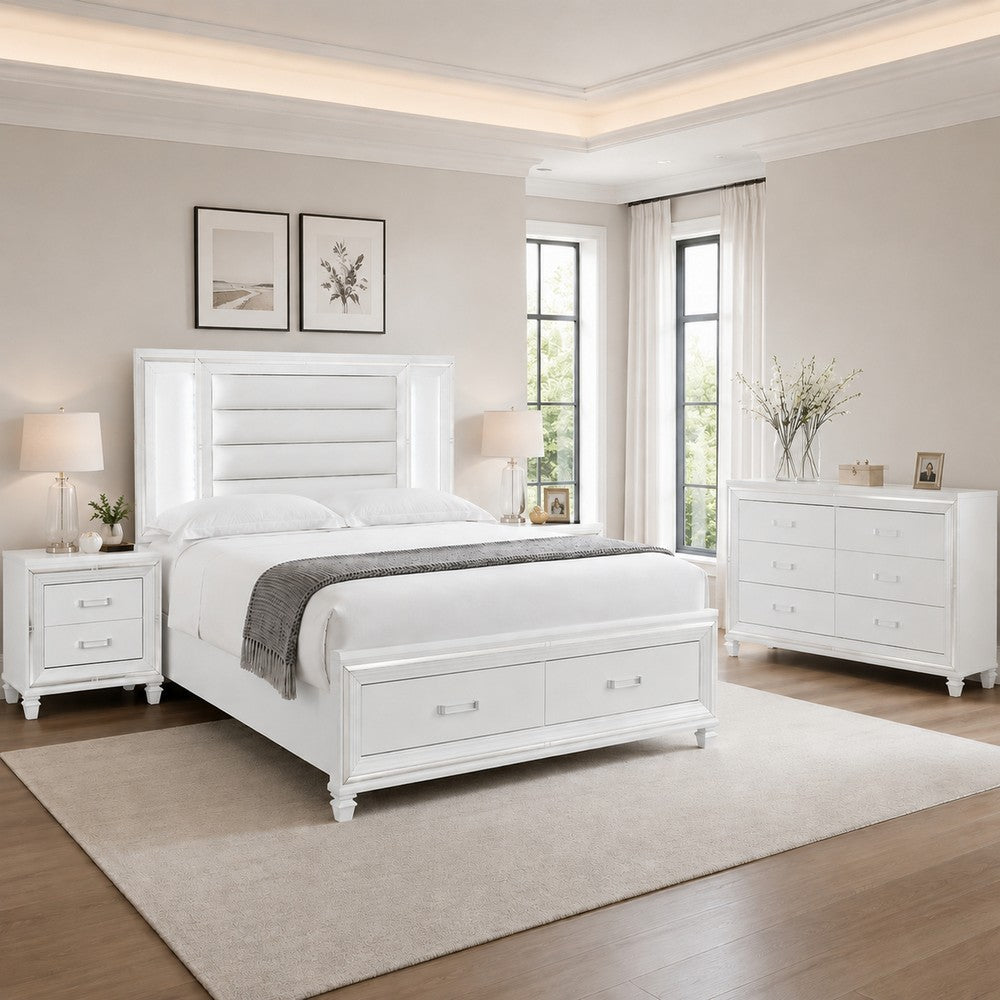 Queen Bedroom Set, White Wood, 4 Piece Set with 2 Nightstands and Dresser