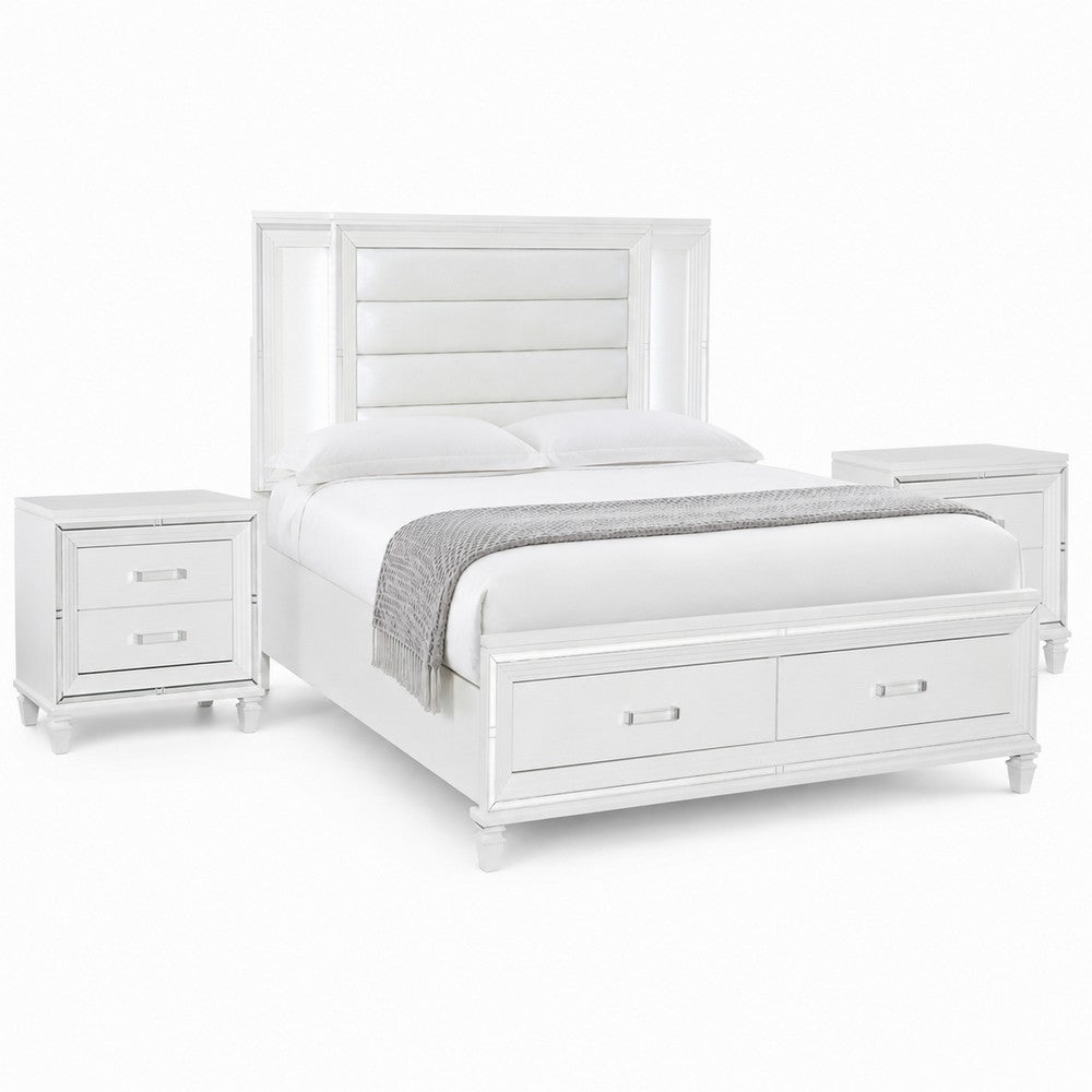 Queen Bedroom Set, White Wood, 3 Piece Set with 2 Nightstands