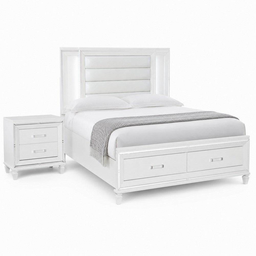 Queen Bedroom Set, White Wood, 2 Piece Set with Nightstand