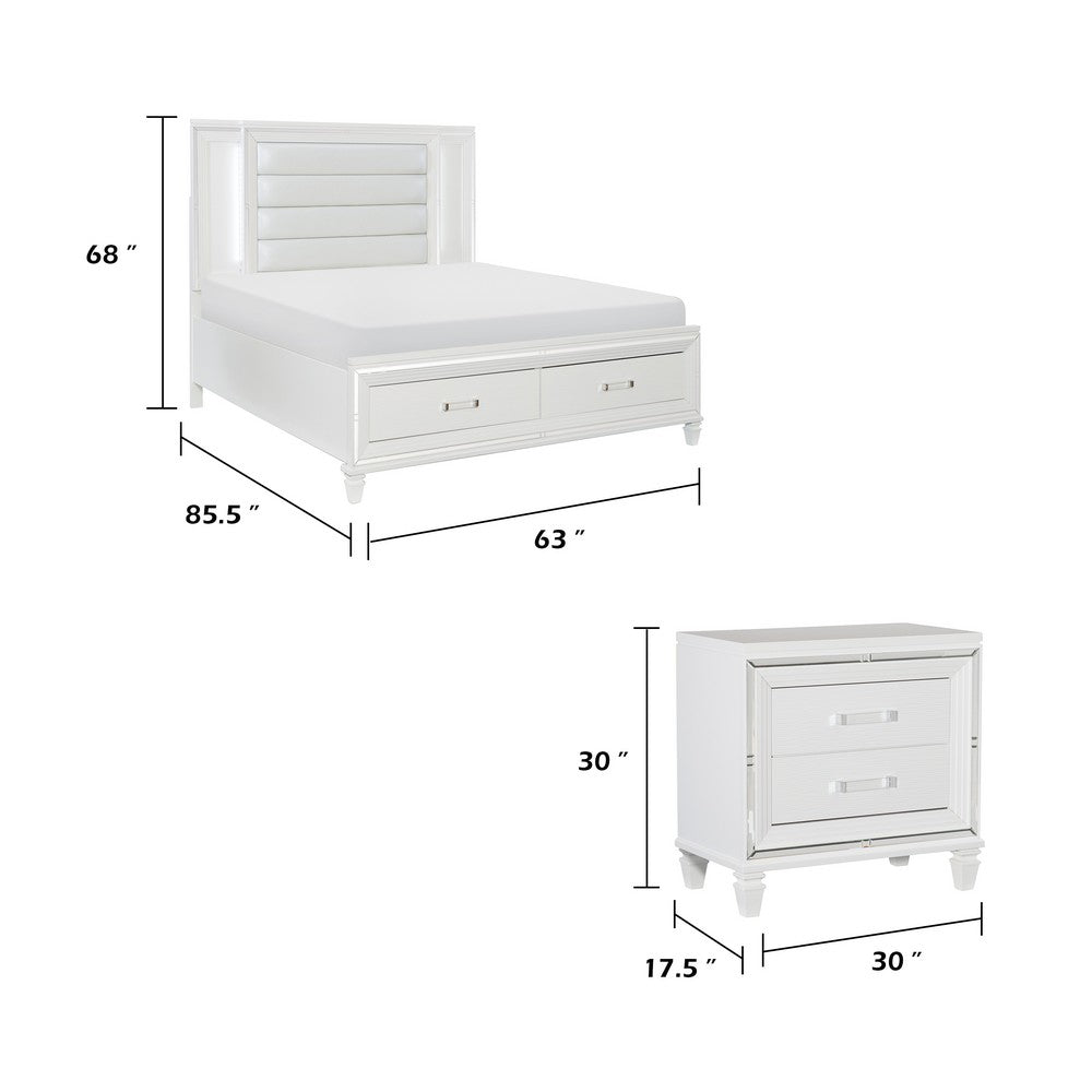 Queen Bedroom Set, White Wood, 2 Piece Set with Nightstand