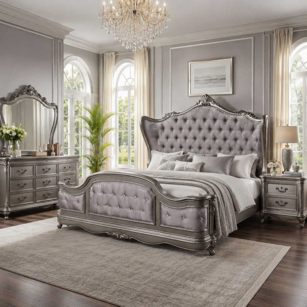 Ari King Bed | Wingback | Taupe Gray Velvet Upholstery | Traditional
