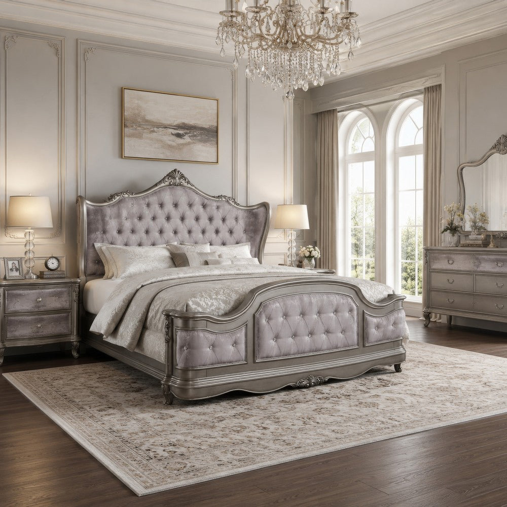 Ari King Bed | Wingback | Taupe Gray Velvet Upholstery | Traditional