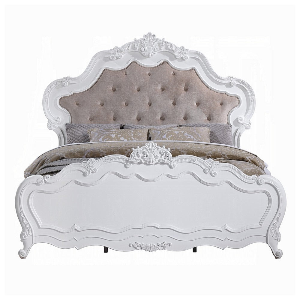 Tisha King Bed | Tufted Dark Beige Chenille Upholstery | Scallop Edges White