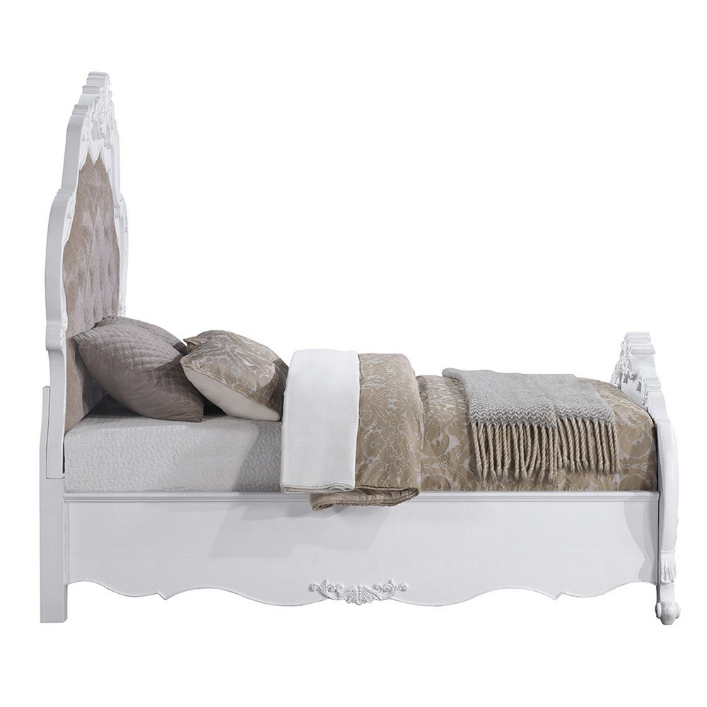 Tisha King Bed | Tufted Dark Beige Chenille Upholstery | Scallop Edges White
