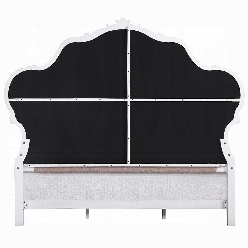 Tisha King Bed | Tufted Dark Beige Chenille Upholstery | Scallop Edges White