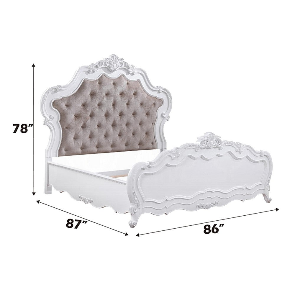 Tisha King Bed | Tufted Dark Beige Chenille Upholstery | Scallop Edges White
