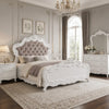 Tisha King Bed | Tufted Dark Beige Chenille Upholstery | Scallop Edges White