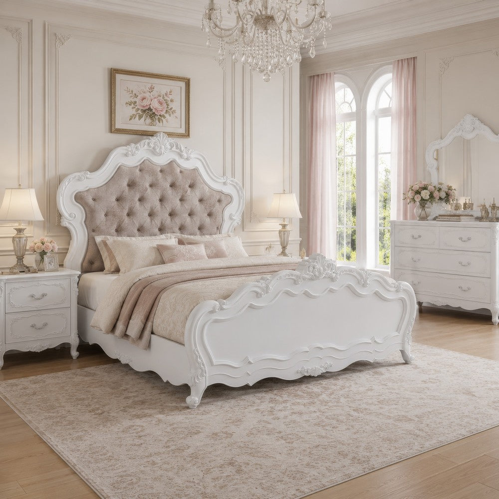 Tisha King Bed | Tufted Dark Beige Chenille Upholstery | Scallop Edges White