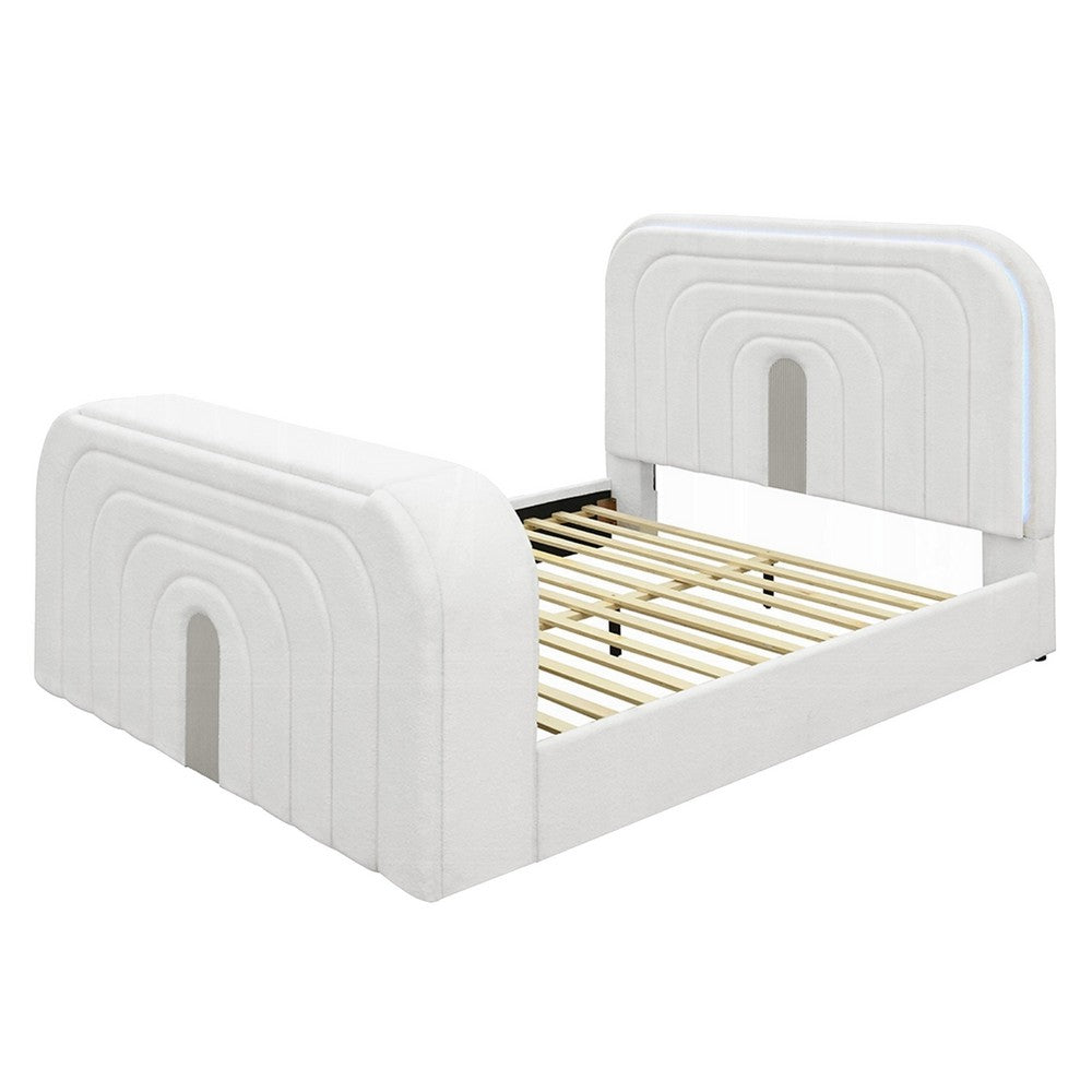 Kery King LED Bed | TV Cabinet | Fireplace | White Teddy Sherpa Upholstery