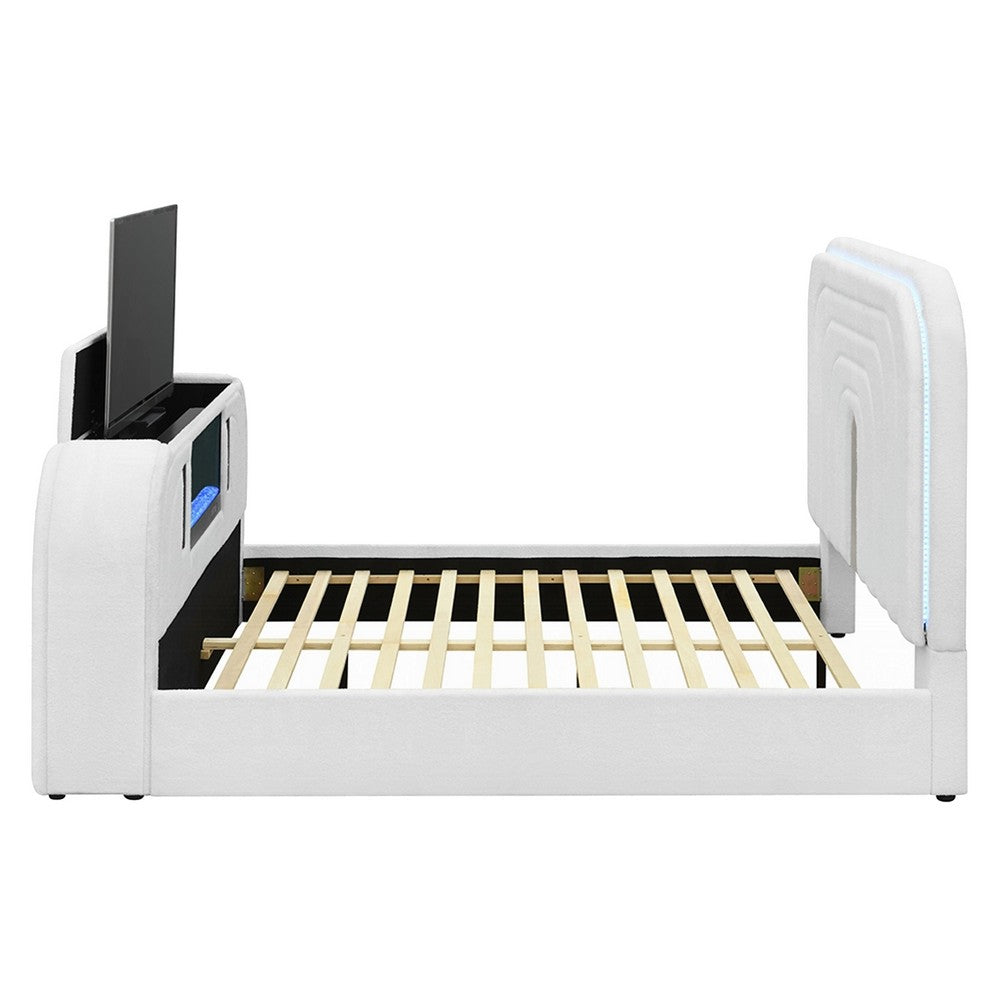 Kery King LED Bed | TV Cabinet | Fireplace | White Teddy Sherpa Upholstery