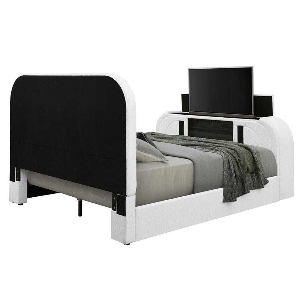 Kery King LED Bed | TV Cabinet | Fireplace | White Teddy Sherpa Upholstery