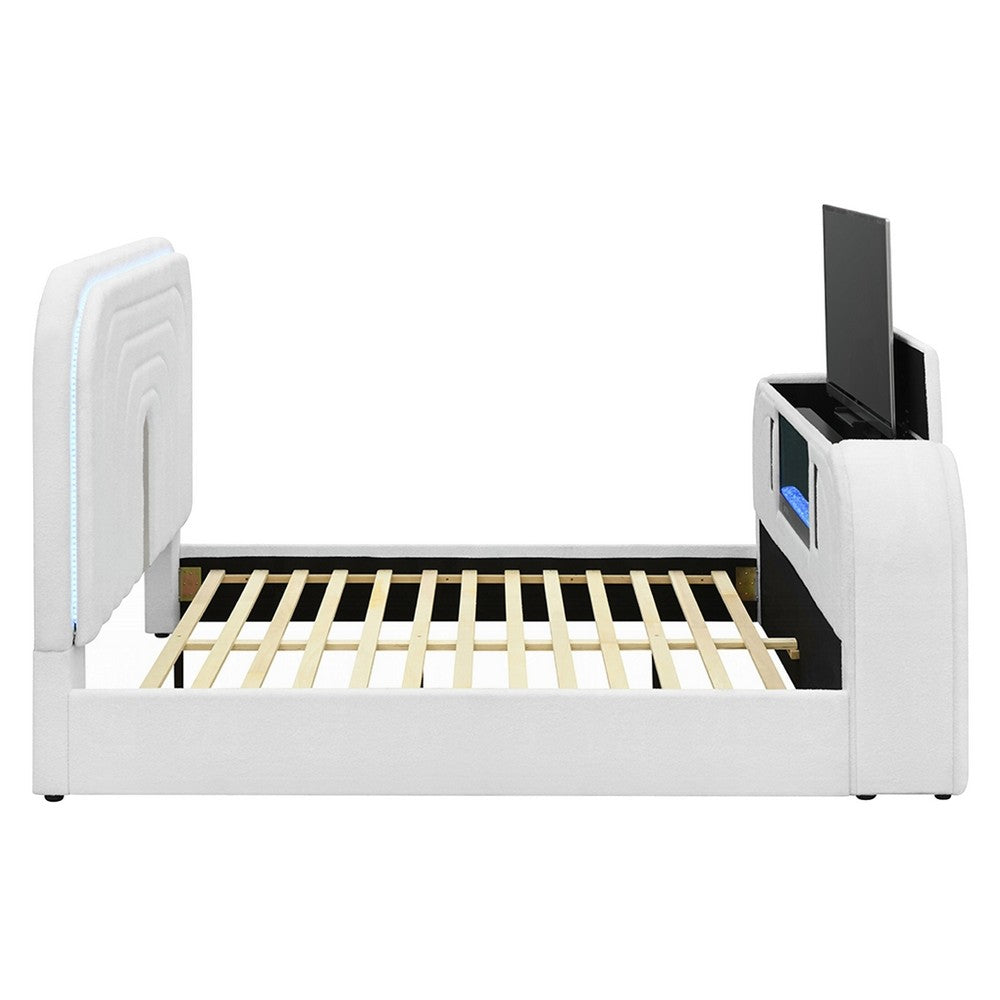 Kery King LED Bed | TV Cabinet | Fireplace | White Teddy Sherpa Upholstery